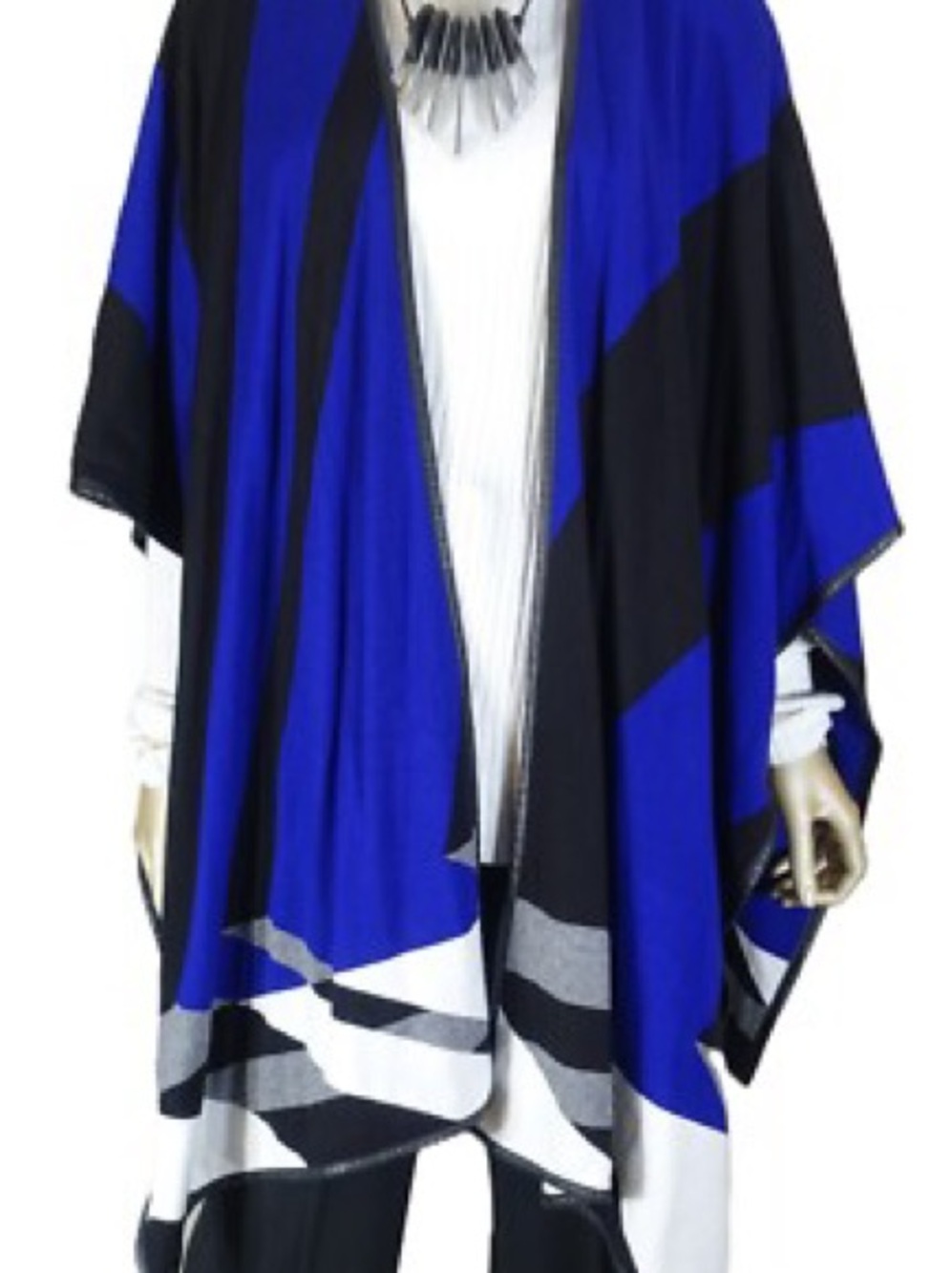 CHICO'S GEOMETRICAL WRAP CAPE~faux leather trim sweater Poncho ruana jacket L/XL